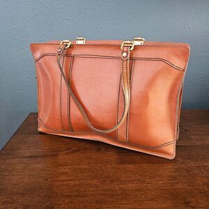 VTG Brown Genuine Leather Brief Case Portfolio Document Bag Double handles Gold